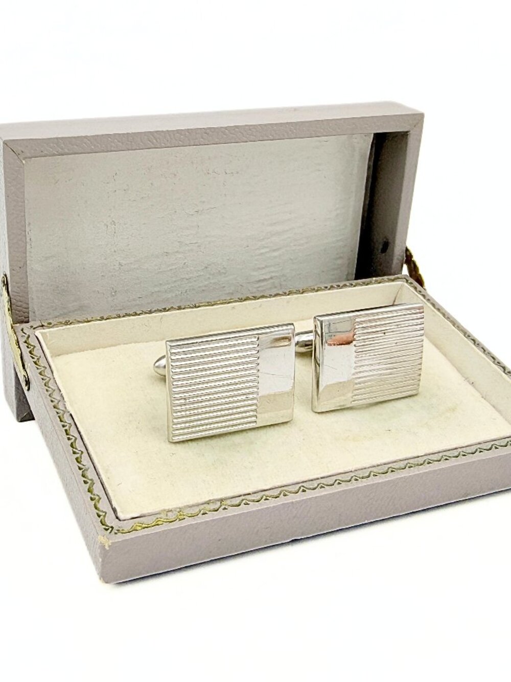 Swank Signed MCM Art Deco Corrugated Texture Silver Plate Cufflinks